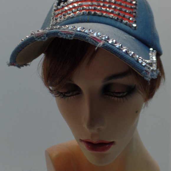 Studio Select Adjustable Sizeing Sparkling Denim Baseball Cap W American Flag - Picture 9 of 9